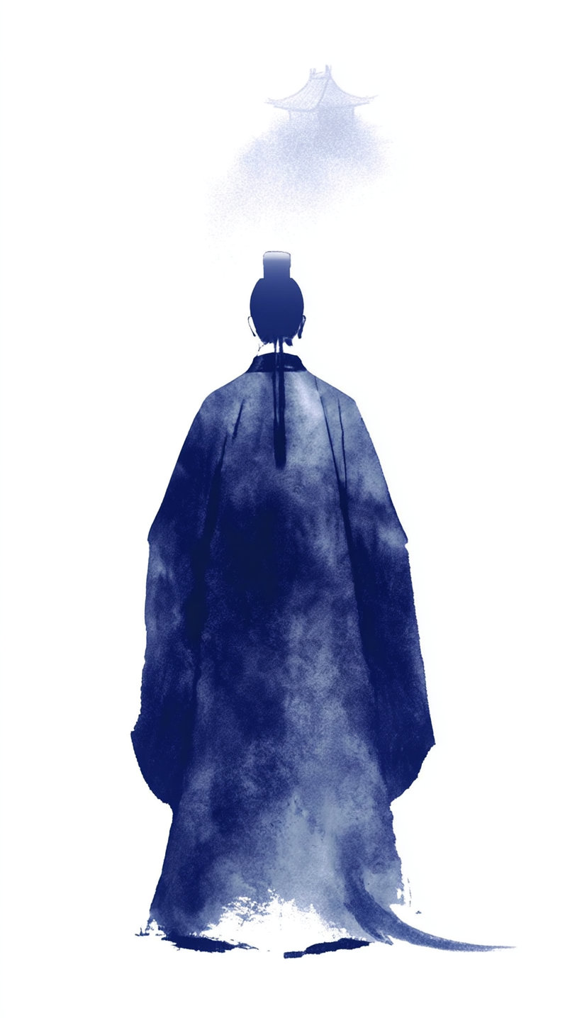 Figuur bij de ingang van een tempel, in indigo inktstijl